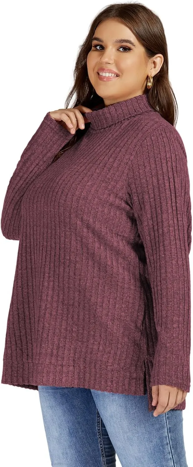 VISLILY Womens-Plus-Size-Tops Trendy Turtleneck Lightweight Sweaters Casual Long Sleeve Shirts Dressy Side Split Tunics 1X-5X