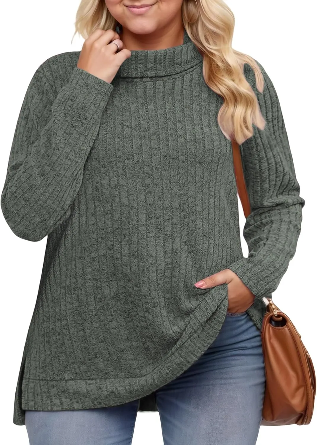VISLILY Womens-Plus-Size-Tops Trendy Turtleneck Lightweight Sweaters Casual Long Sleeve Shirts Dressy Side Split Tunics 1X-5X