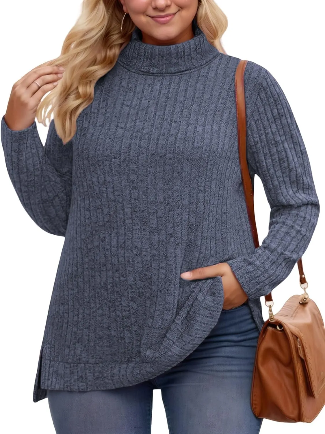 VISLILY Womens-Plus-Size-Tops Trendy Turtleneck Lightweight Sweaters Casual Long Sleeve Shirts Dressy Side Split Tunics 1X-5X