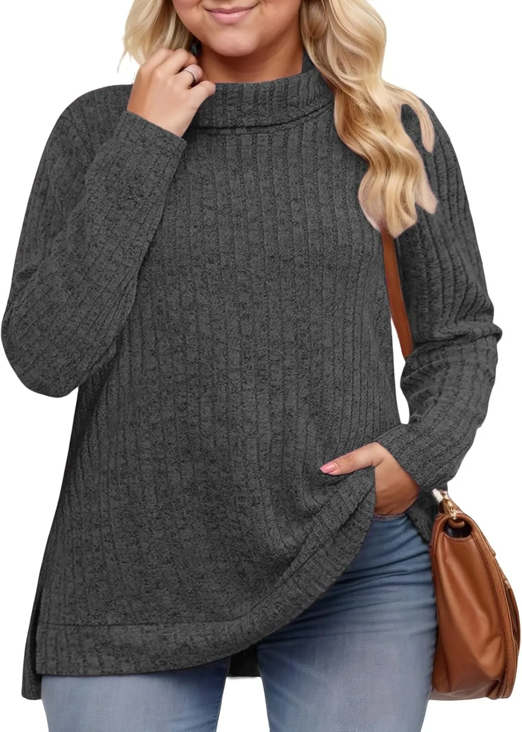VISLILY Womens-Plus-Size-Tops Trendy Turtleneck Lightweight Sweaters Casual Long Sleeve Shirts Dressy Side Split Tunics 1X-5X
