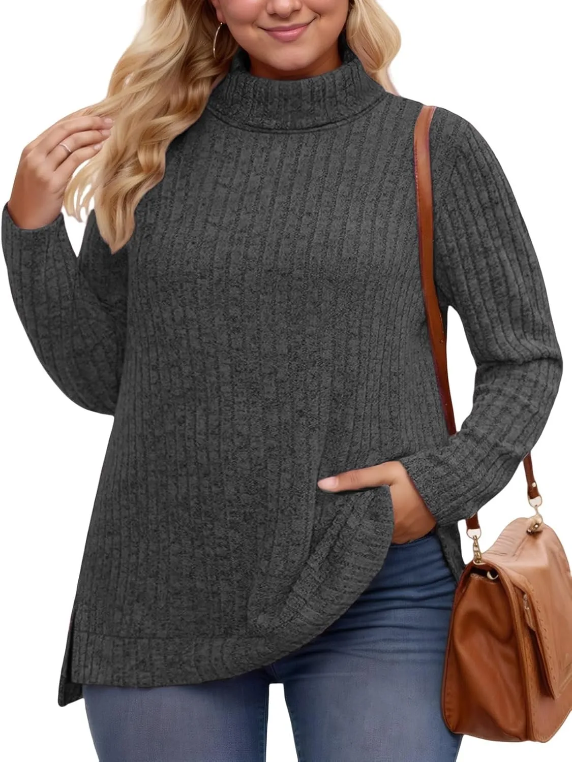 VISLILY Womens-Plus-Size-Tops Trendy Turtleneck Lightweight Sweaters Casual Long Sleeve Shirts Dressy Side Split Tunics 1X-5X