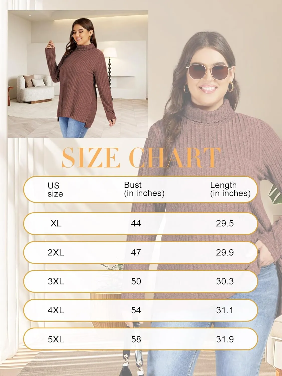 VISLILY Womens-Plus-Size-Tops Trendy Turtleneck Lightweight Sweaters Casual Long Sleeve Shirts Dressy Side Split Tunics 1X-5X