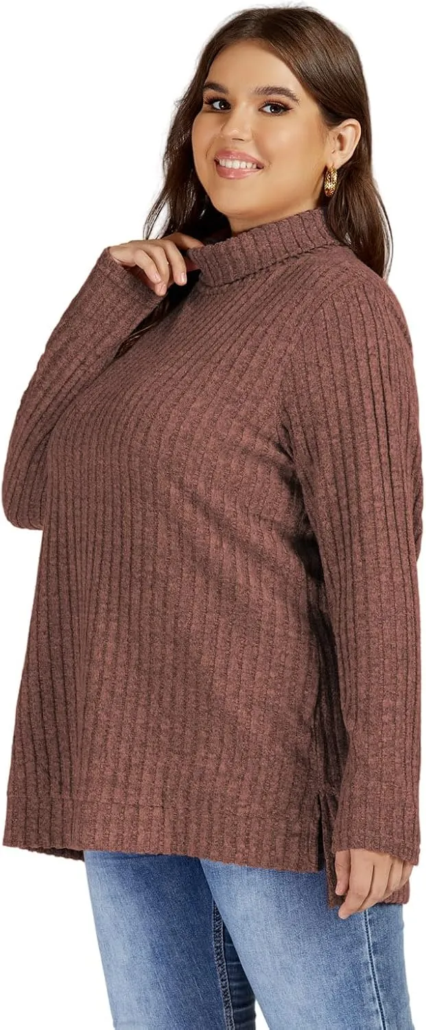 VISLILY Womens-Plus-Size-Tops Trendy Turtleneck Lightweight Sweaters Casual Long Sleeve Shirts Dressy Side Split Tunics 1X-5X