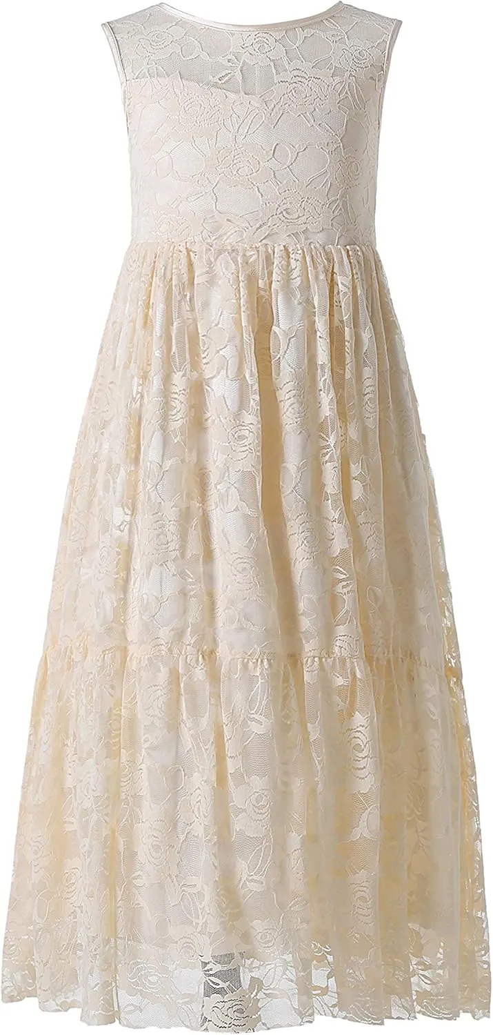 Weileenice Flower Girl Wedding Dress Sheer Back Kids Princess Bridesmaid Communion Party Prom Bohemian Maxi Lace Dresses