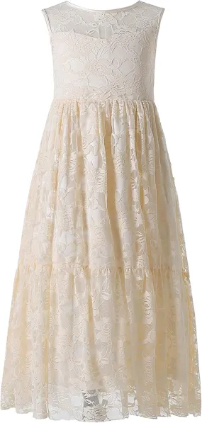 Weileenice Flower Girl Wedding Dress Sheer Back Kids Princess Bridesmaid Communion Party Prom Bohemian Maxi Lace Dresses