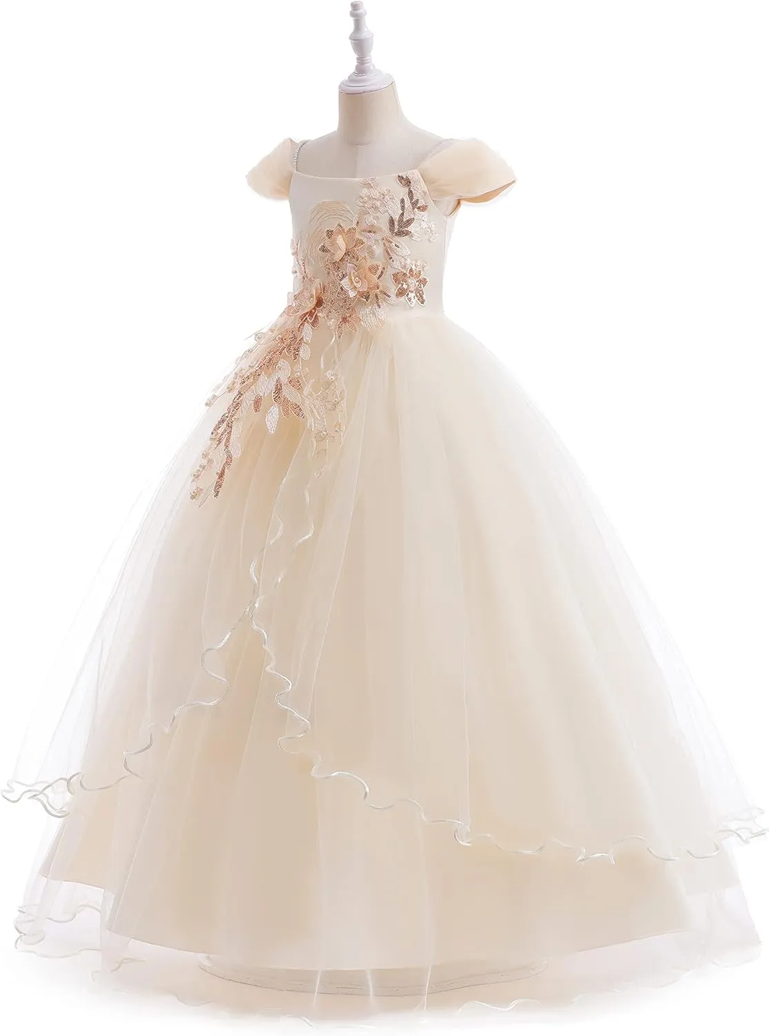 Weileenice Vintage Off The Shoulder Flower Girl Dress Lace Embroidery Little/Big Girls Wedding Bridesmaid Holiday Ballgown