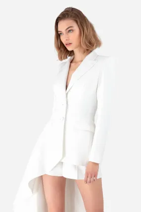 White Satin Crepe Blazer with Asymmetric Tail