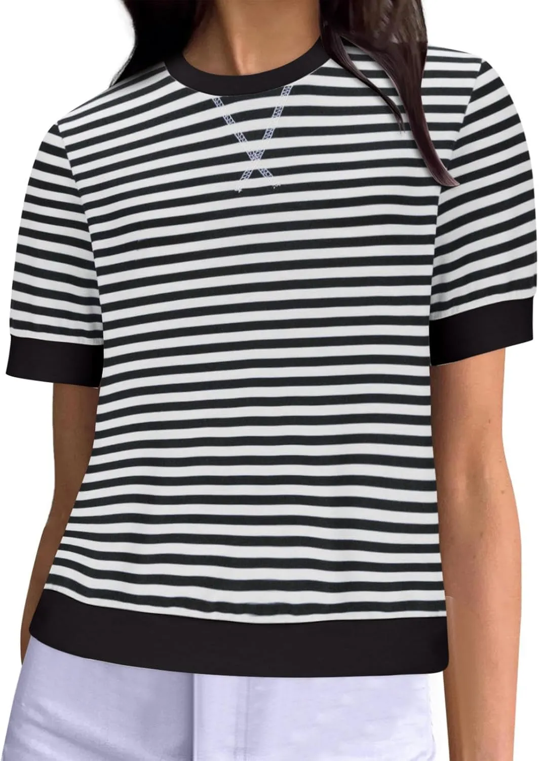Women Oversized Striped Short Sleeve T-Shirts Color Block Crew Neck Loose Pullover Shirt Trendy Casual Summer Tee Tops