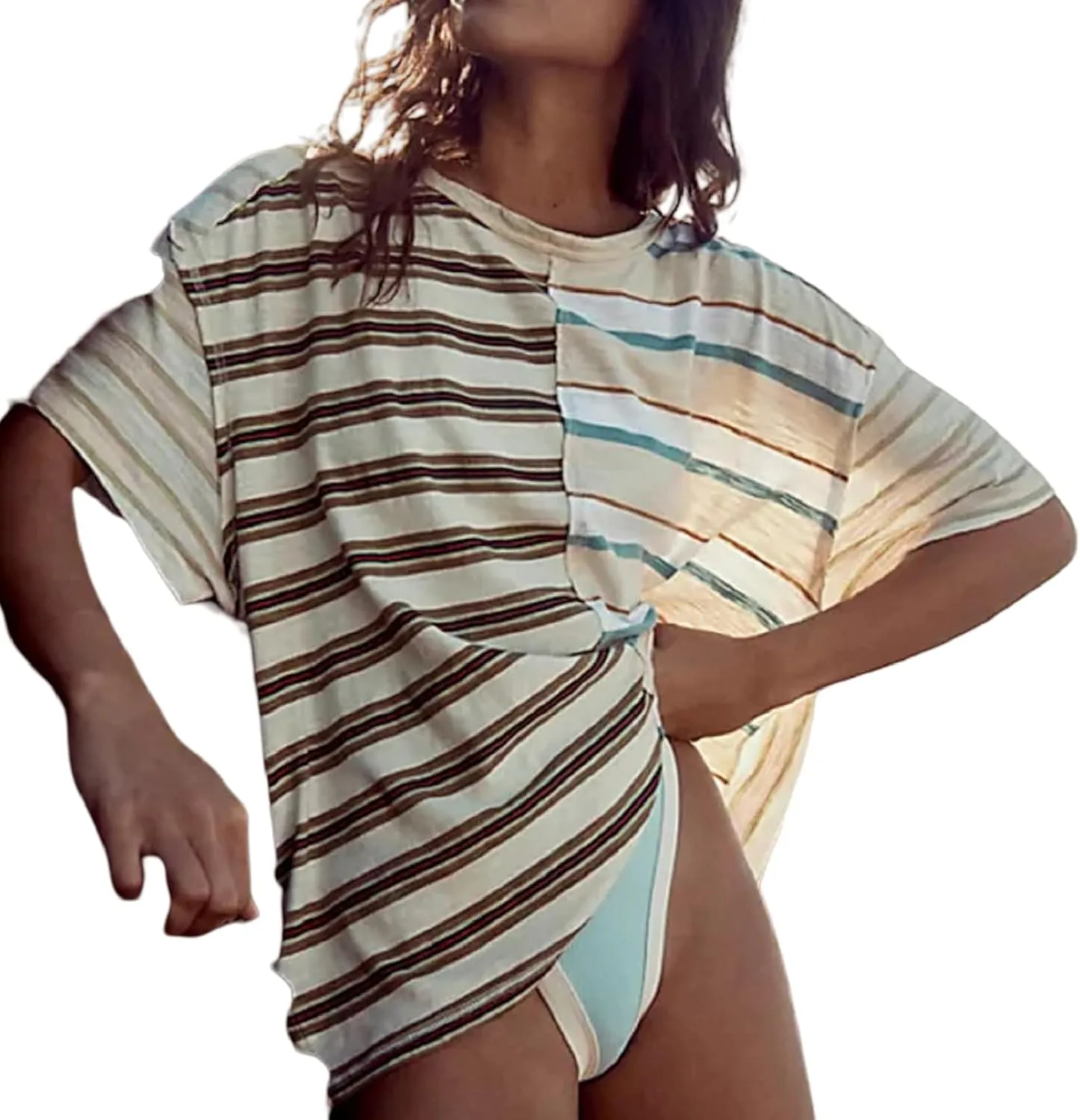 Women Oversized Striped T Shirt Crewneck Short Sleeve Color Black Shirts Loose Fit Summer Boxy Tops