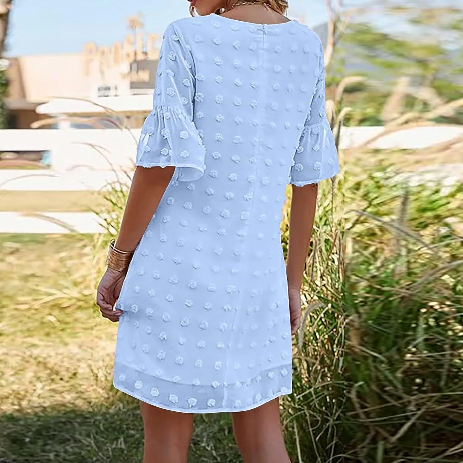 Women's Chiffon Summer Flowy Midi Dress Casual Short Sleeve Ruffle Swiss Dot Loose Romantic Dress