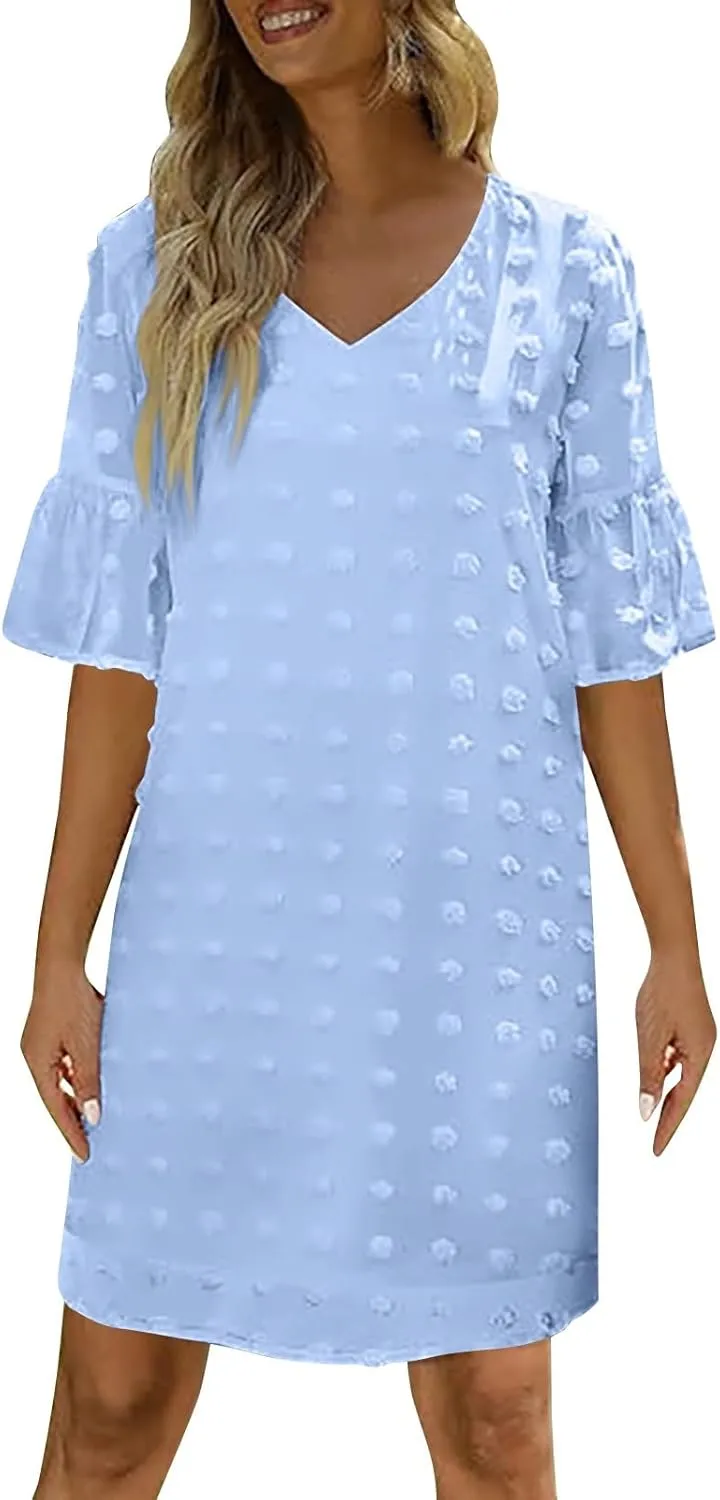Women's Chiffon Summer Flowy Midi Dress Casual Short Sleeve Ruffle Swiss Dot Loose Romantic Dress