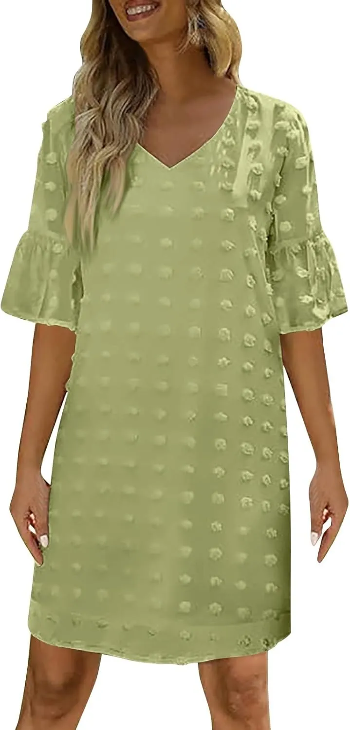 Women's Chiffon Summer Flowy Midi Dress Casual Short Sleeve Ruffle Swiss Dot Loose Romantic Dress