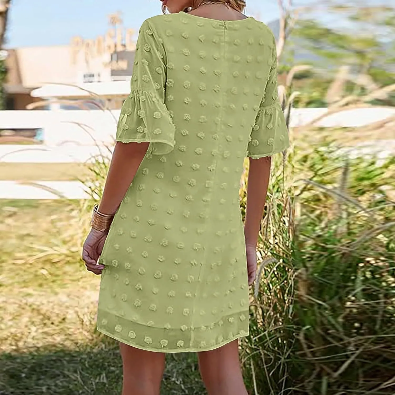 Women's Chiffon Summer Flowy Midi Dress Casual Short Sleeve Ruffle Swiss Dot Loose Romantic Dress