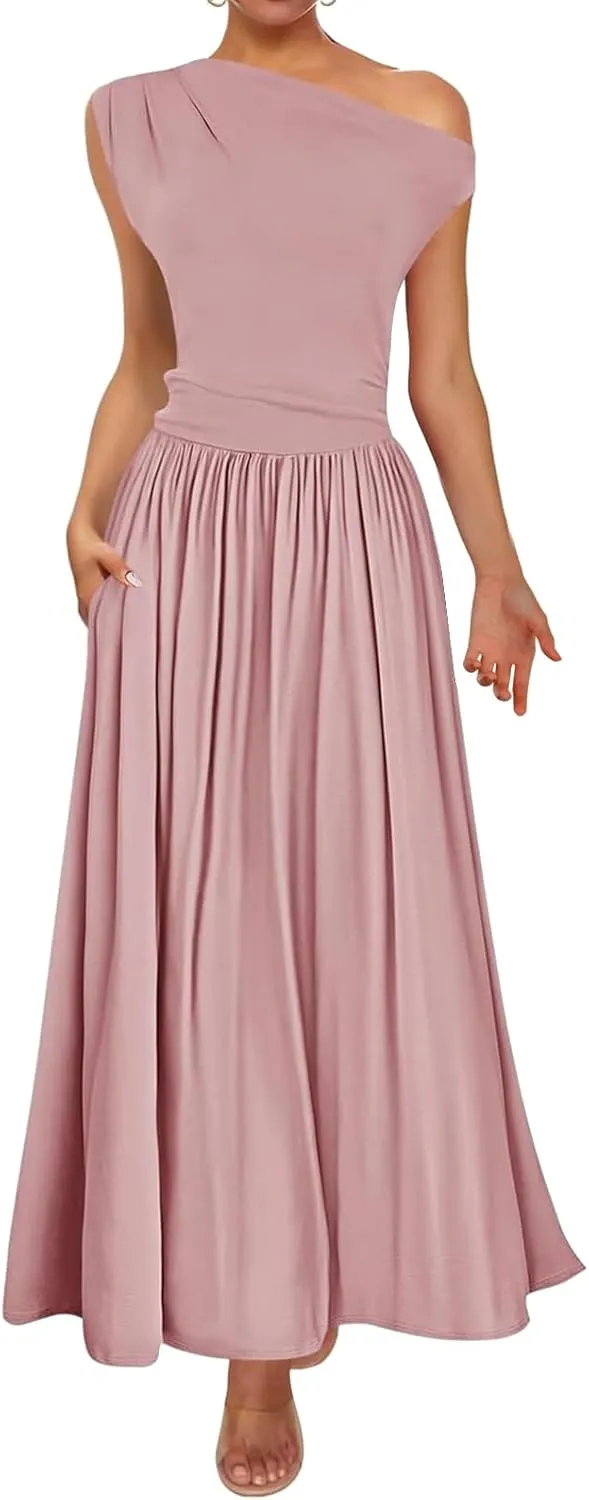 Women's Dresses One Shoulder Ruffle High Waist Flowy Dresses Sleeveless Fashion Trendy Dress Summer Sundress 2025