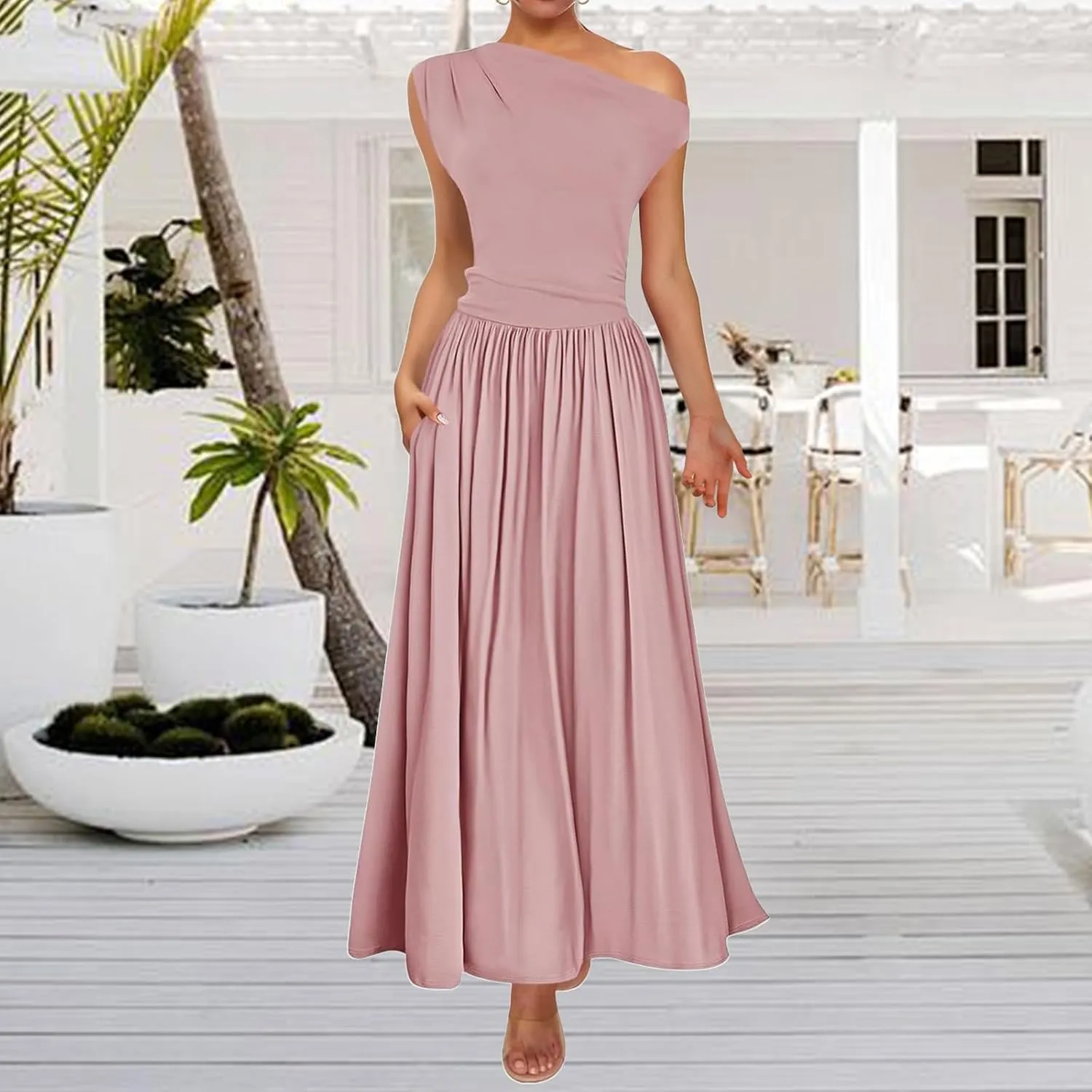 Women's Dresses One Shoulder Ruffle High Waist Flowy Dresses Sleeveless Fashion Trendy Dress Summer Sundress 2025