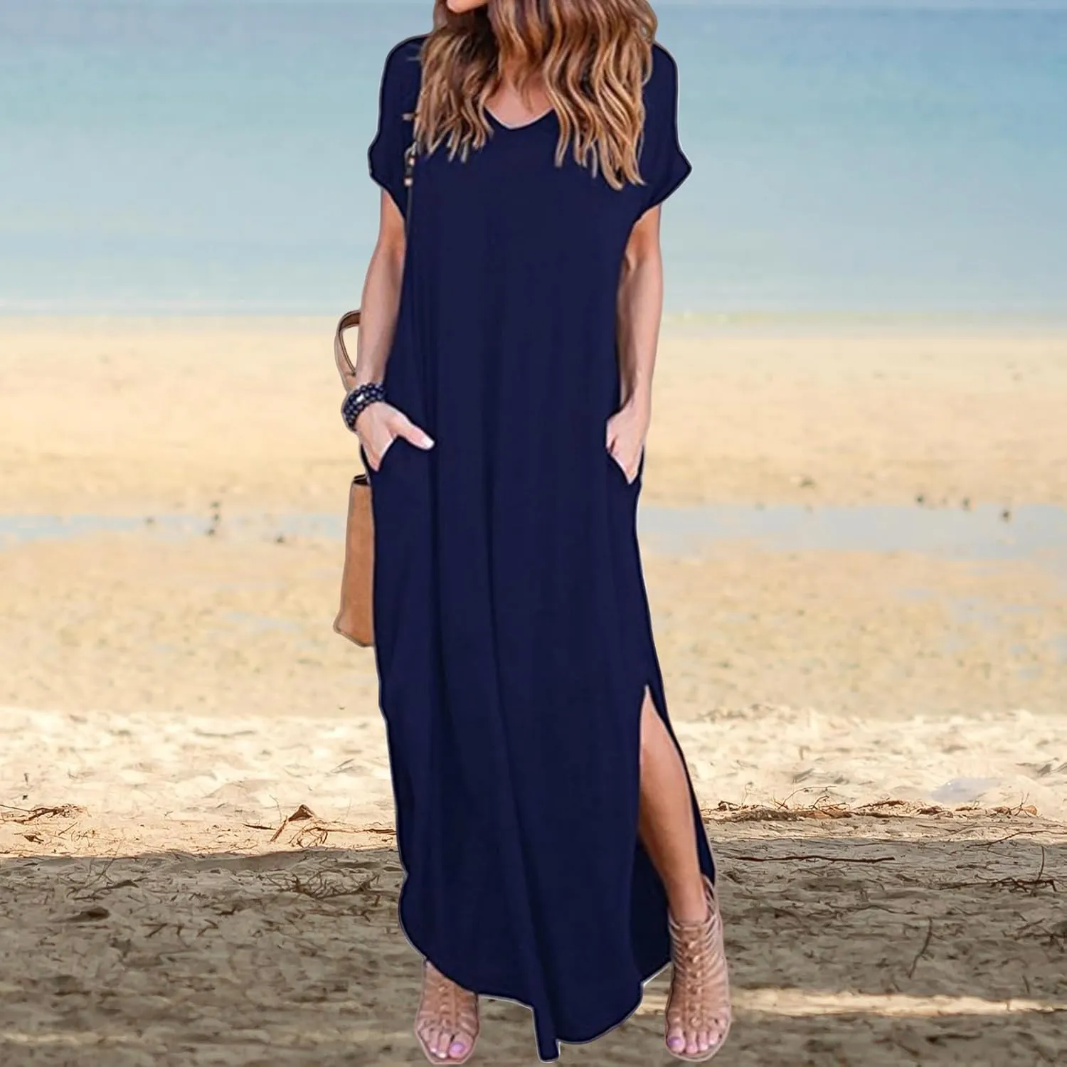 Women's Dresses Summer Plus Size Sundress Short Sleeve V Neck Dress Loose Fit Solid Color Dresses Split Dress 2025