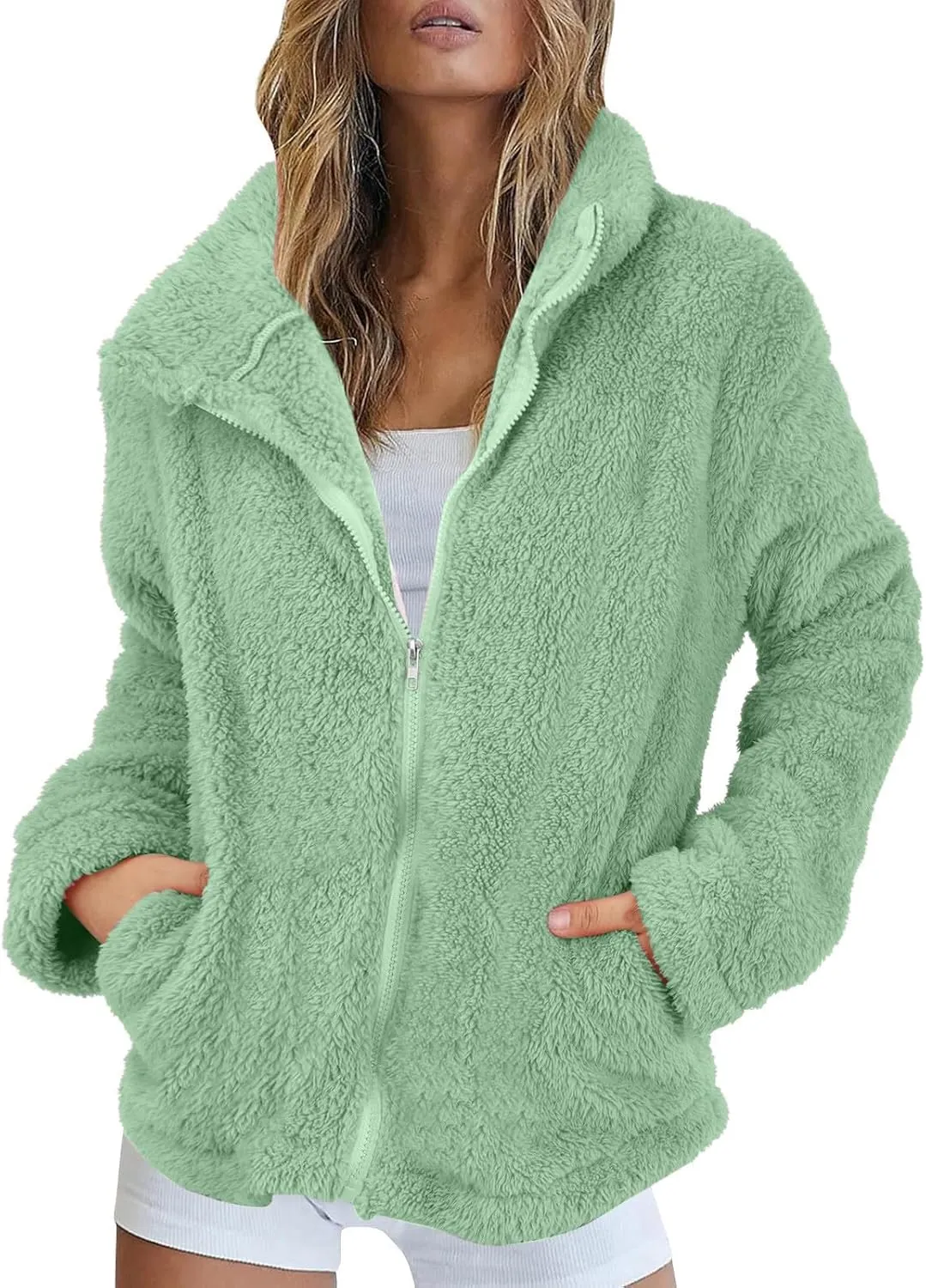 Womens Full Zip Sherpa Fleece Jacket Solid Color Fuzzy Teddy Coat Lightweight Warm Winter Casual Outfits with Pockets