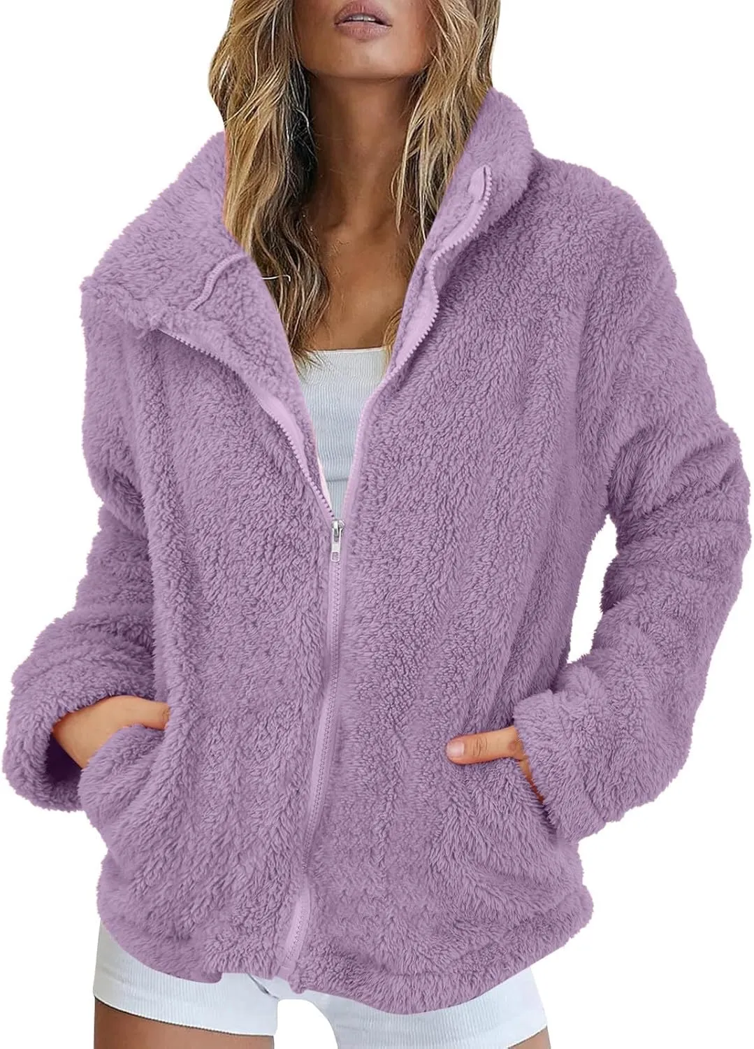 Womens Full Zip Sherpa Fleece Jacket Solid Color Fuzzy Teddy Coat Lightweight Warm Winter Casual Outfits with Pockets