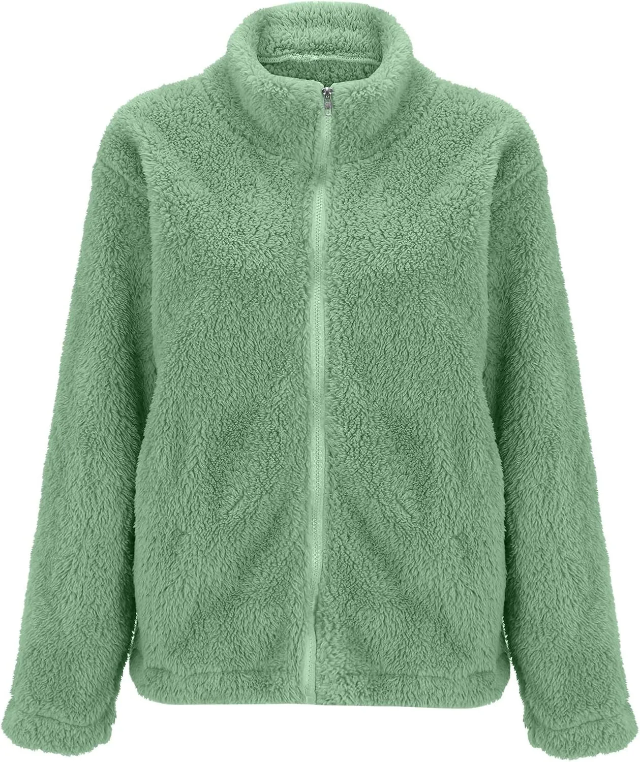Womens Full Zip Sherpa Fleece Jacket Solid Color Fuzzy Teddy Coat Lightweight Warm Winter Casual Outfits with Pockets