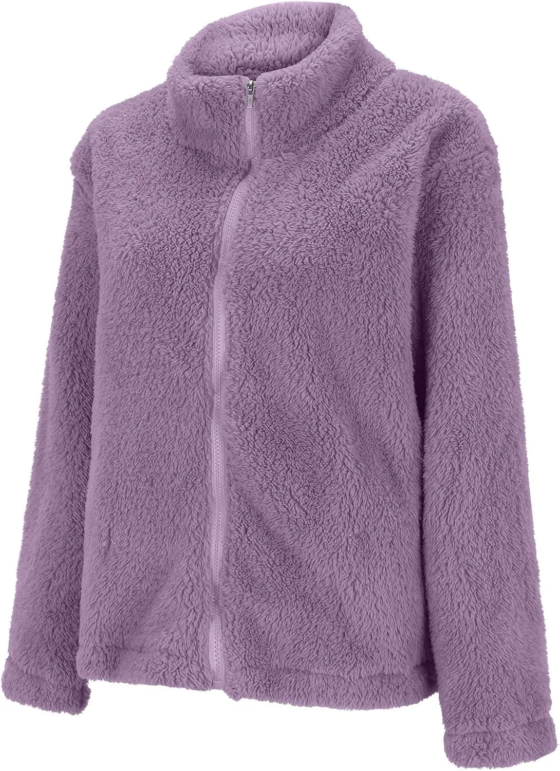 Womens Full Zip Sherpa Fleece Jacket Solid Color Fuzzy Teddy Coat Lightweight Warm Winter Casual Outfits with Pockets