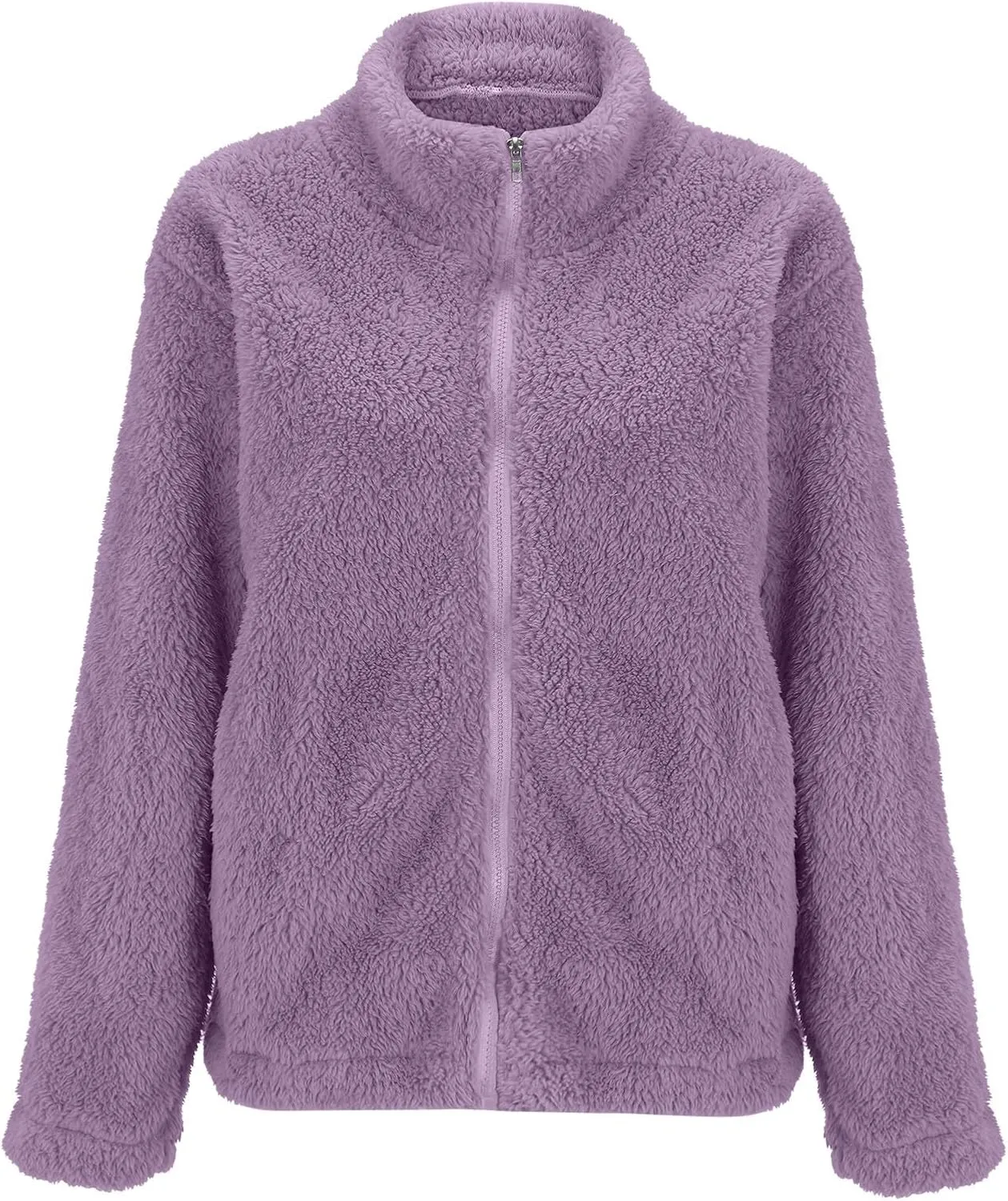 Womens Full Zip Sherpa Fleece Jacket Solid Color Fuzzy Teddy Coat Lightweight Warm Winter Casual Outfits with Pockets