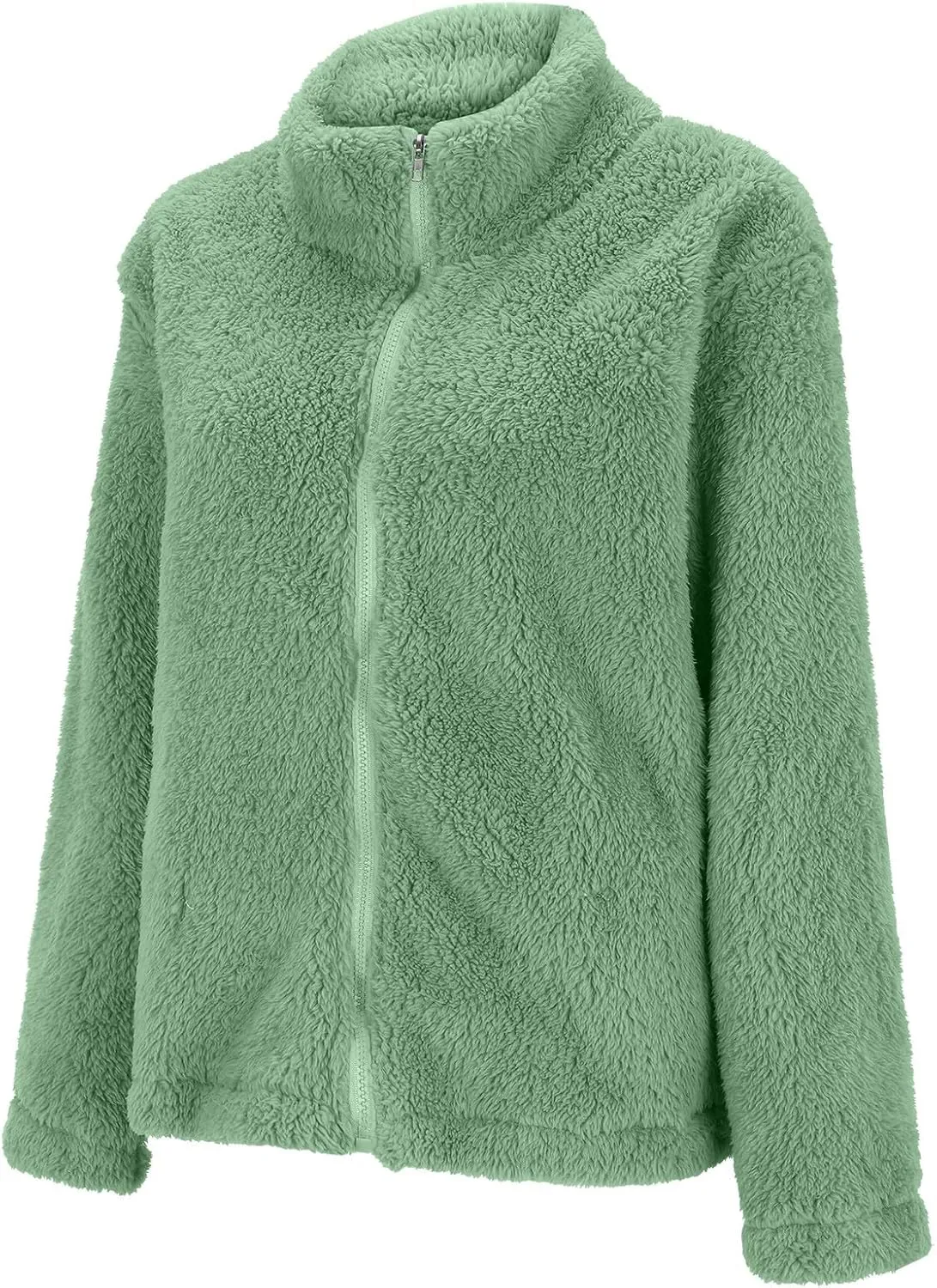 Womens Full Zip Sherpa Fleece Jacket Solid Color Fuzzy Teddy Coat Lightweight Warm Winter Casual Outfits with Pockets