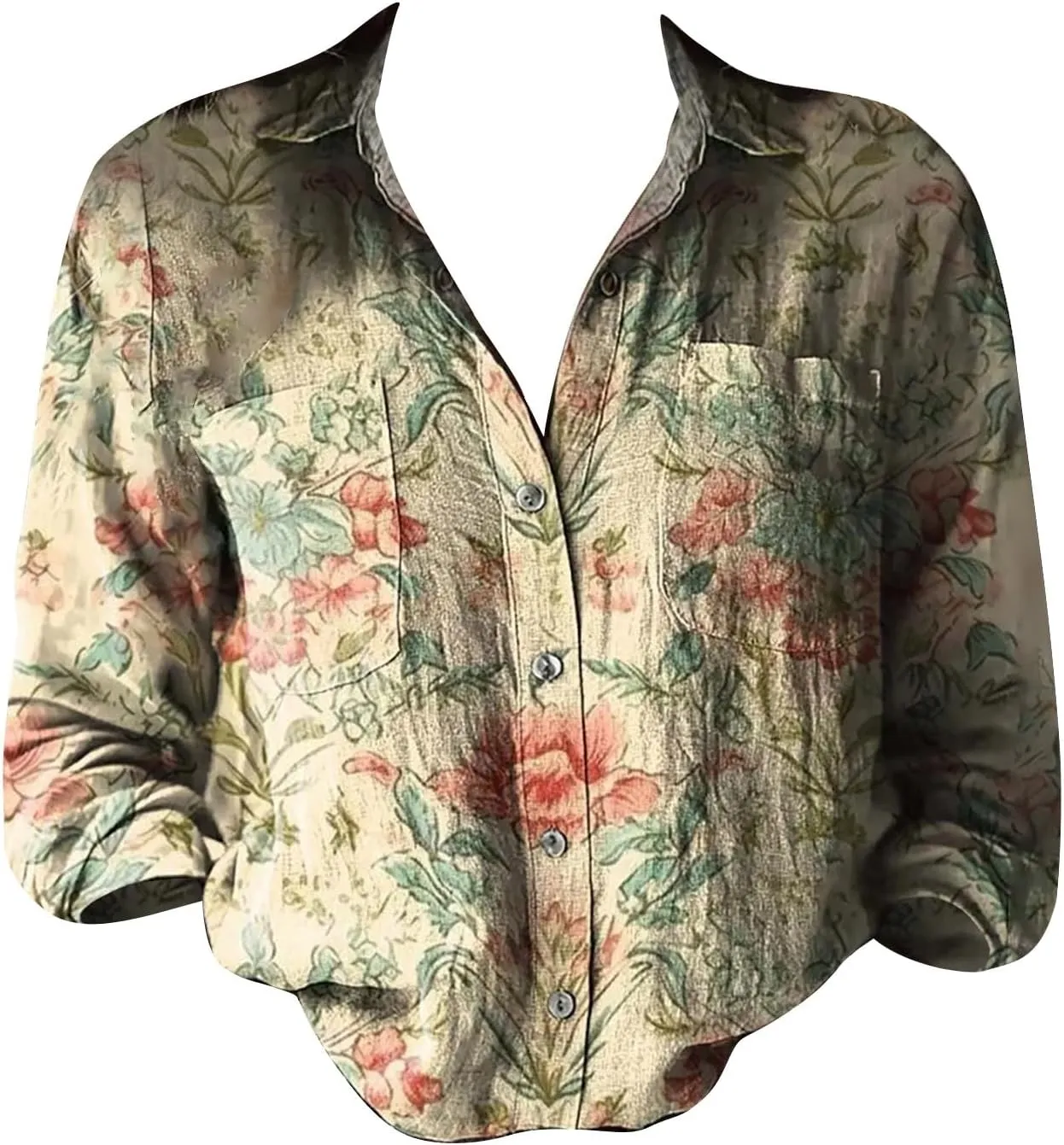 Womens Linen Button Down Shirts Long Sleeve V Neck Boho Floral Graphic Tops Collared Loose Fit Summer Casual Blouses
