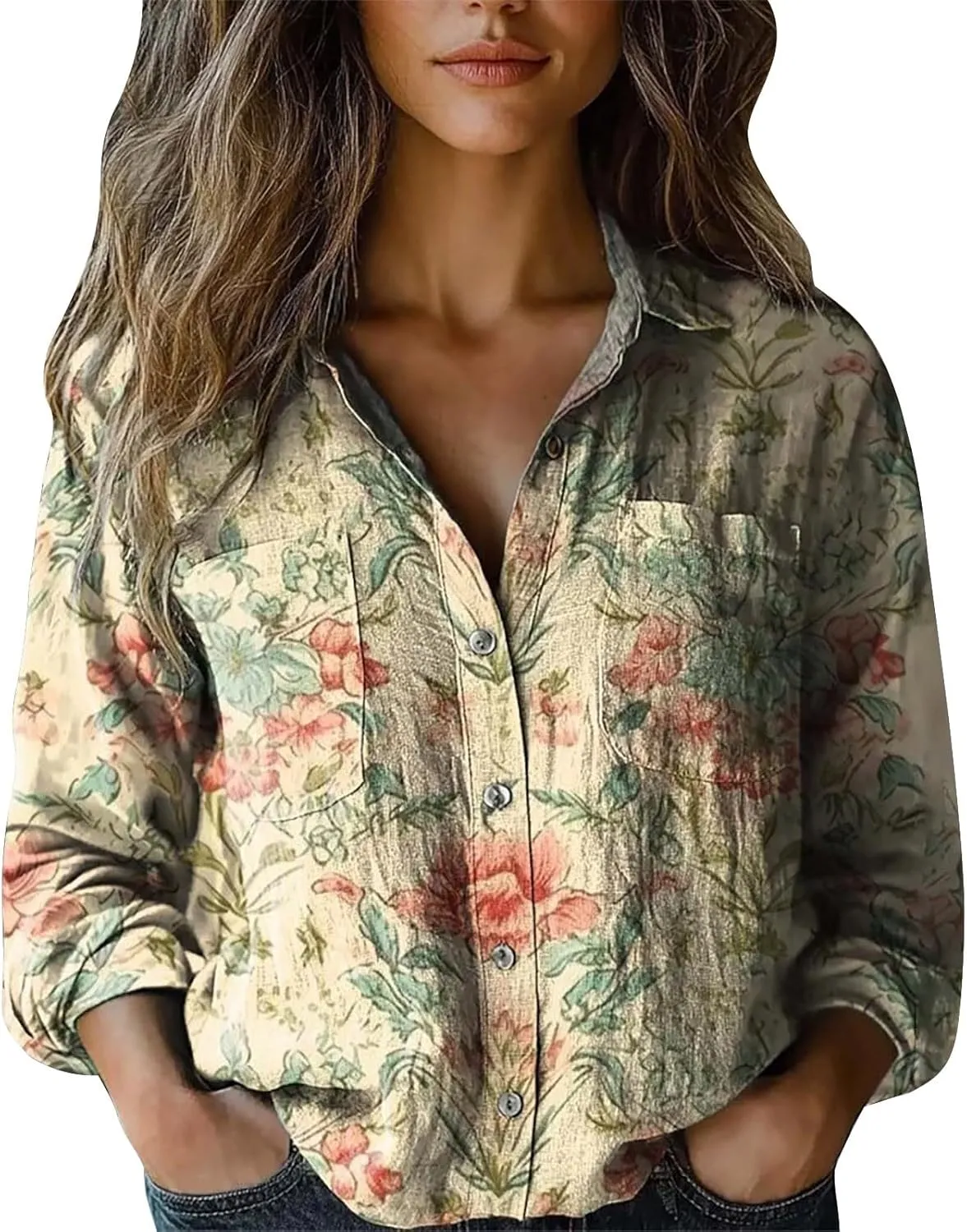 Womens Linen Button Down Shirts Long Sleeve V Neck Boho Floral Graphic Tops Collared Loose Fit Summer Casual Blouses