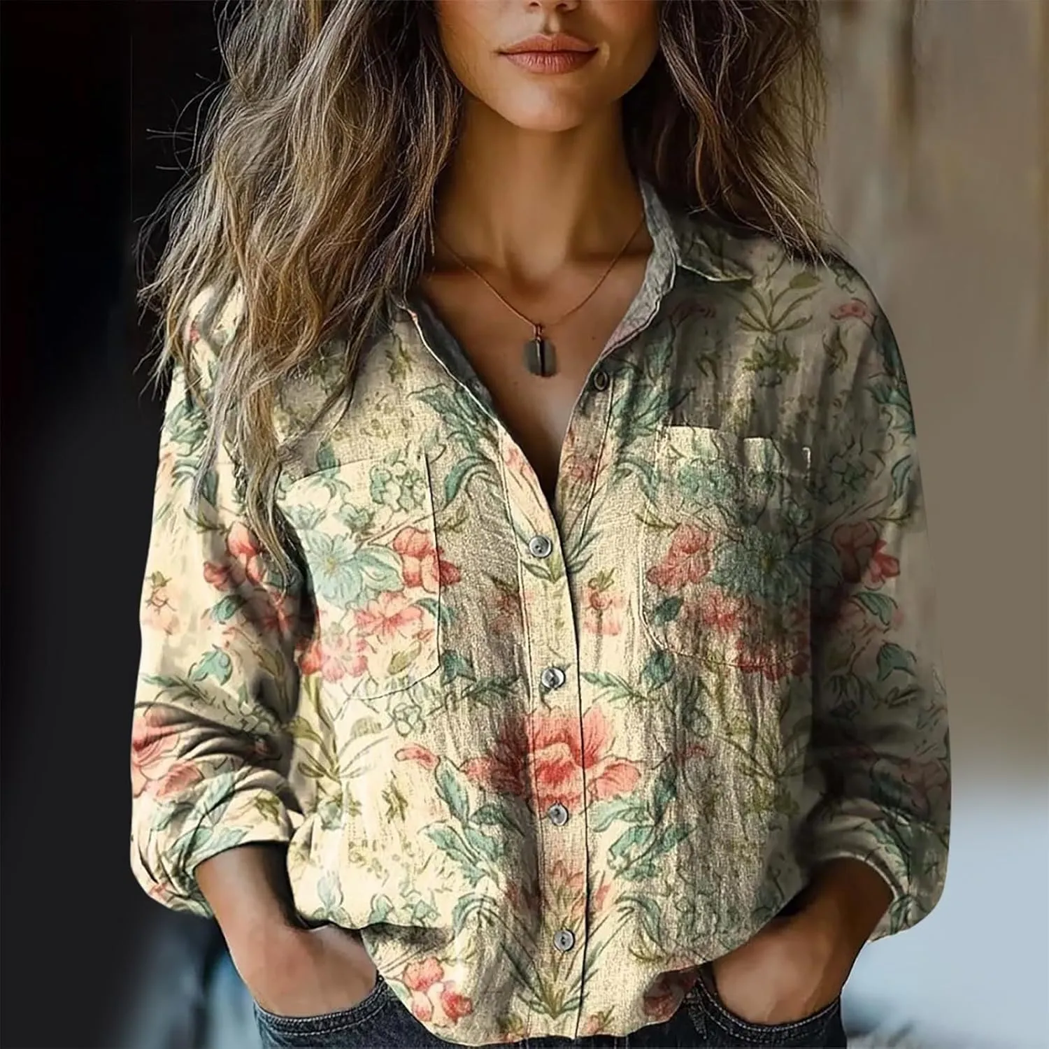 Womens Linen Button Down Shirts Long Sleeve V Neck Boho Floral Graphic Tops Collared Loose Fit Summer Casual Blouses