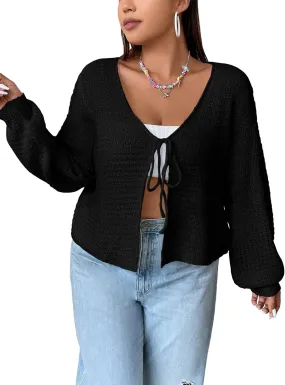 Women's Plus Size Tie Front Cardigan Hollow Out Open Knit Sweater Front Tie Shrug, Acrylic and Rayon Fabric