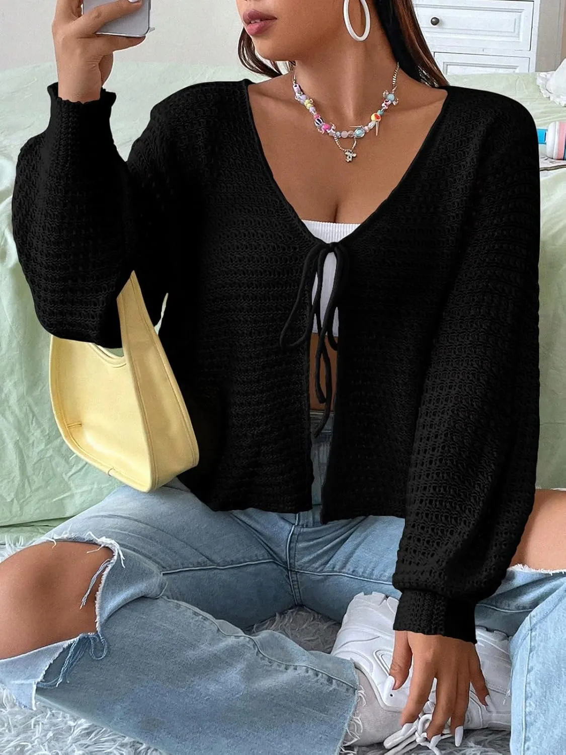 Women's Plus Size Tie Front Cardigan Hollow Out Open Knit Sweater Front Tie Shrug, Acrylic and Rayon Fabric