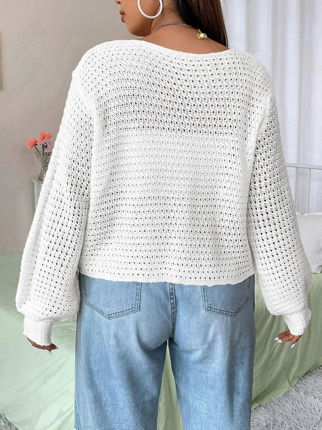Women's Plus Size Tie Front Cardigan Hollow Out Open Knit Sweater Front Tie Shrug, Acrylic and Rayon Fabric