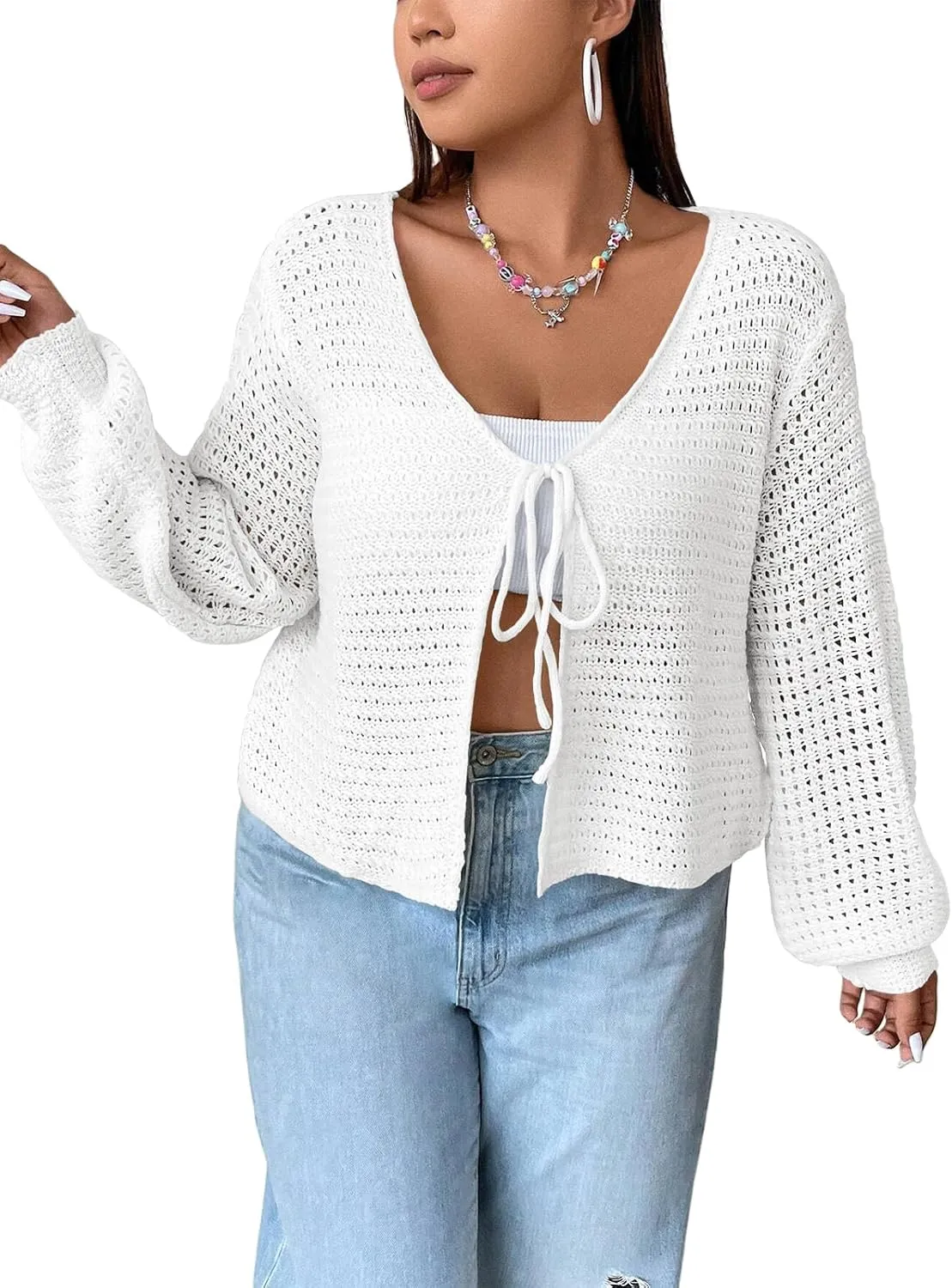 Women's Plus Size Tie Front Cardigan Hollow Out Open Knit Sweater Front Tie Shrug, Acrylic and Rayon Fabric