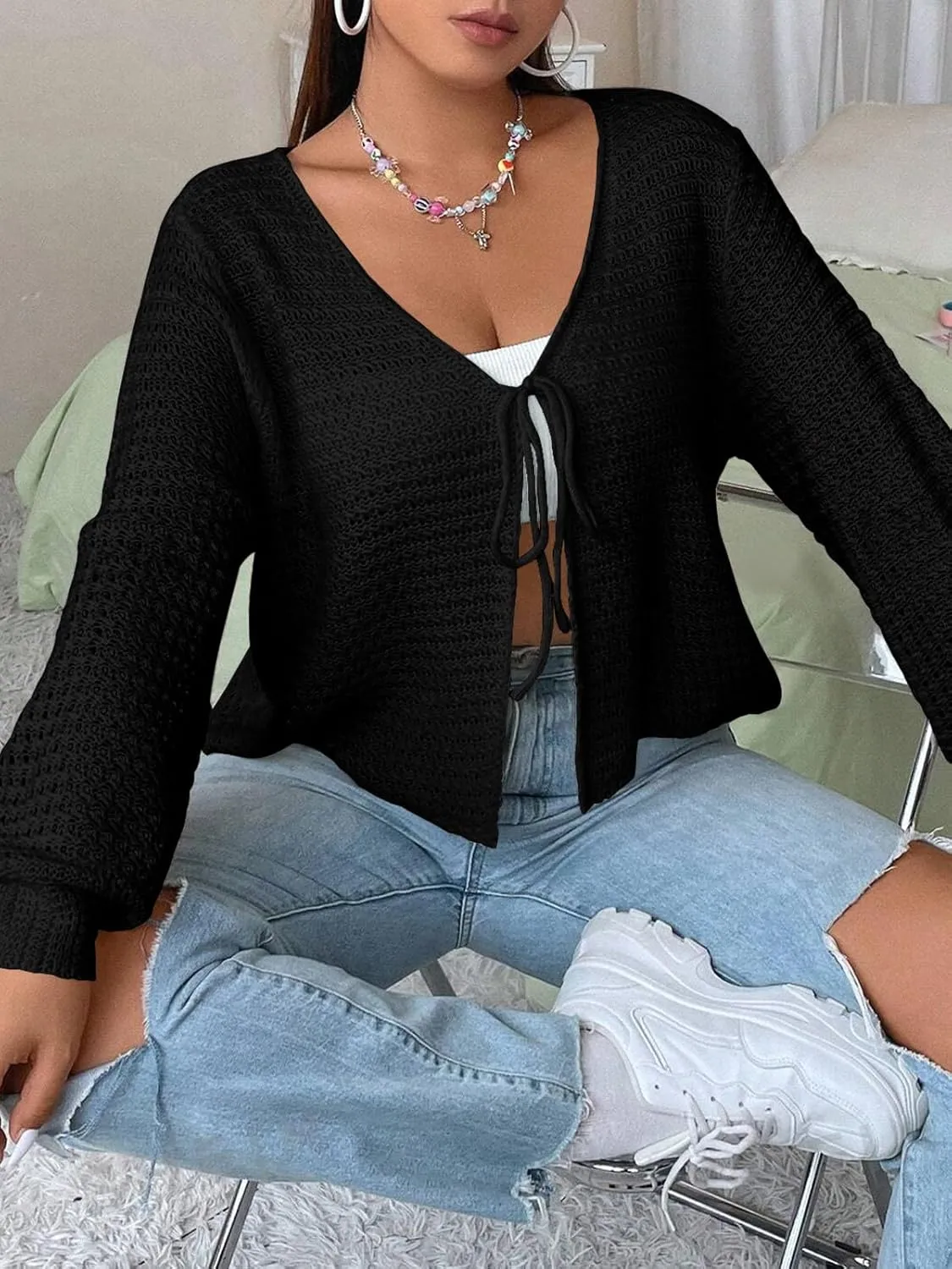 Women's Plus Size Tie Front Cardigan Hollow Out Open Knit Sweater Front Tie Shrug, Acrylic and Rayon Fabric