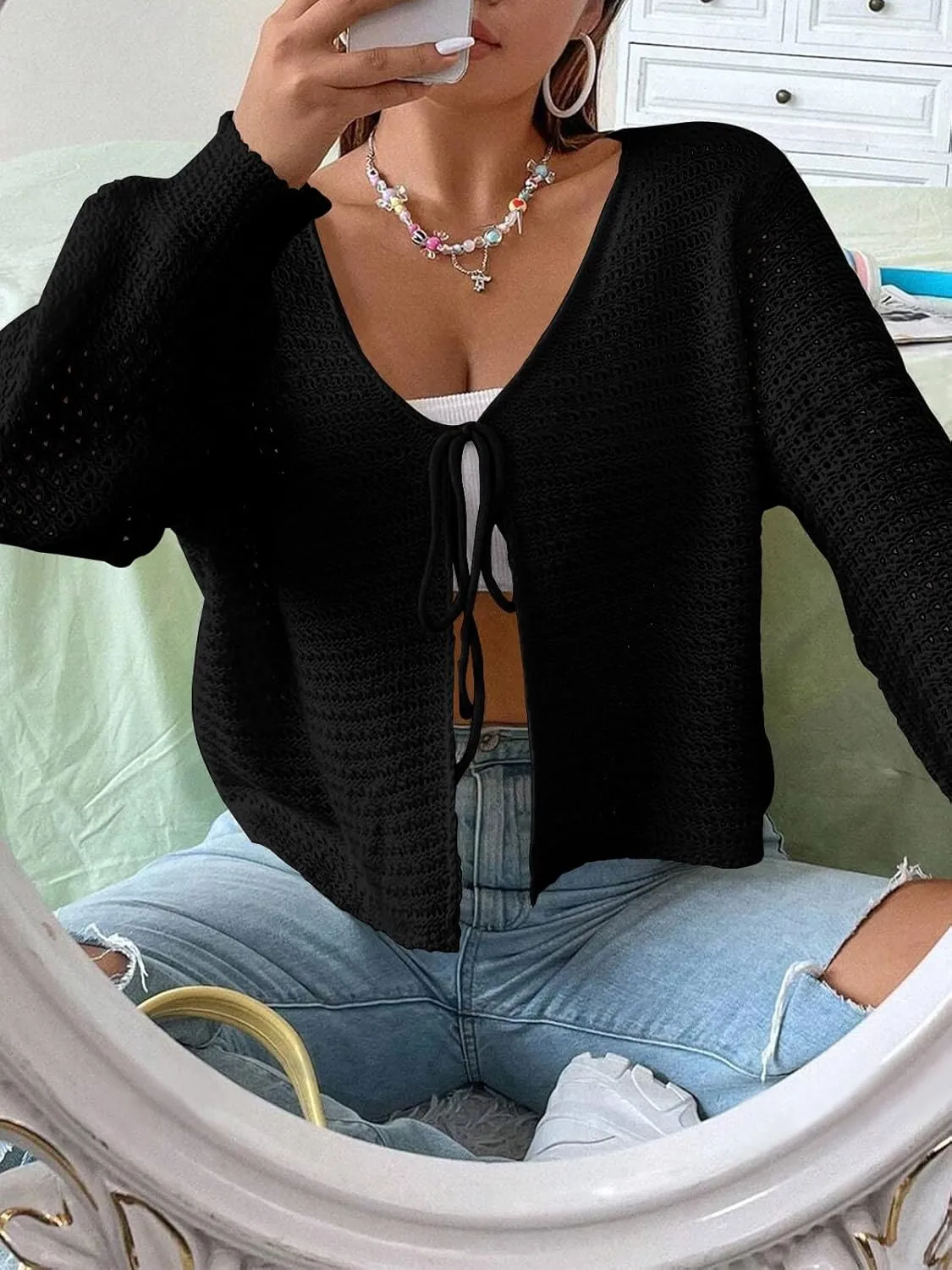 Women's Plus Size Tie Front Cardigan Hollow Out Open Knit Sweater Front Tie Shrug, Acrylic and Rayon Fabric
