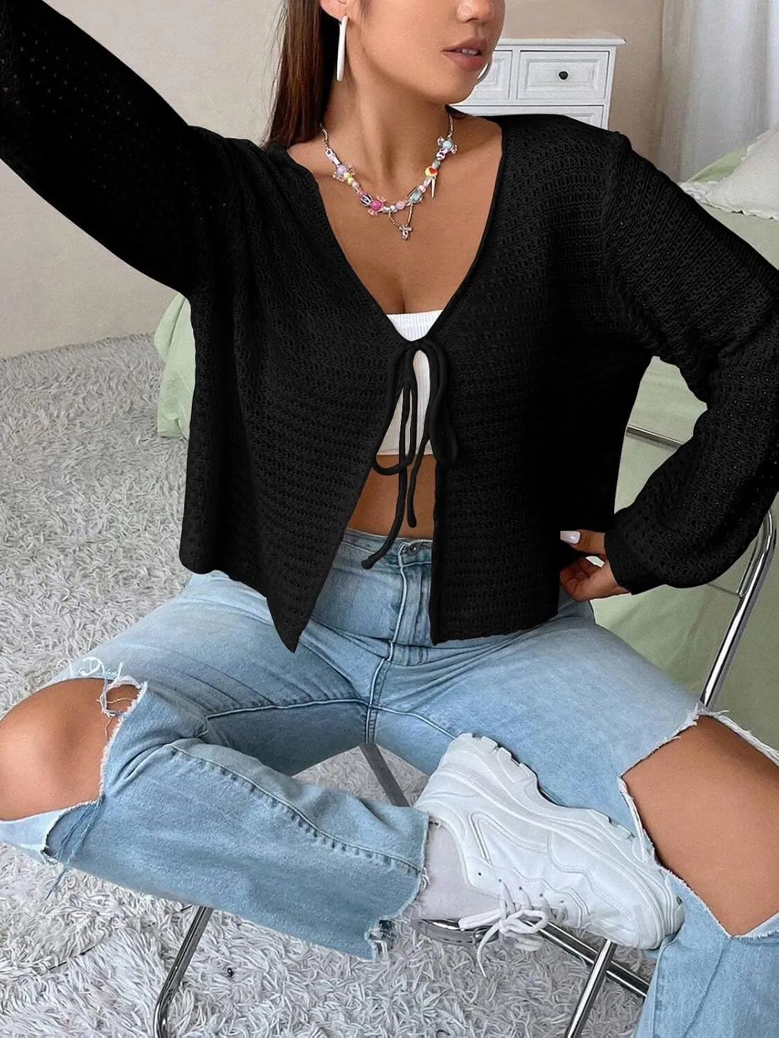 Women's Plus Size Tie Front Cardigan Hollow Out Open Knit Sweater Front Tie Shrug, Acrylic and Rayon Fabric