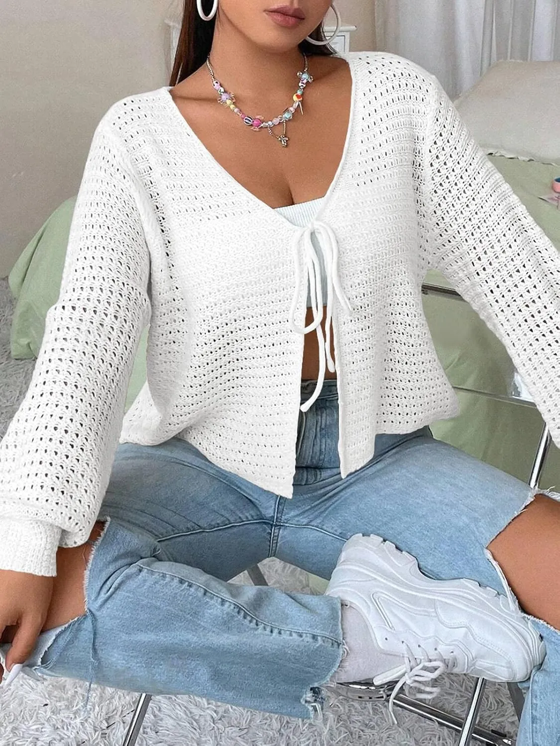 Women's Plus Size Tie Front Cardigan Hollow Out Open Knit Sweater Front Tie Shrug, Acrylic and Rayon Fabric