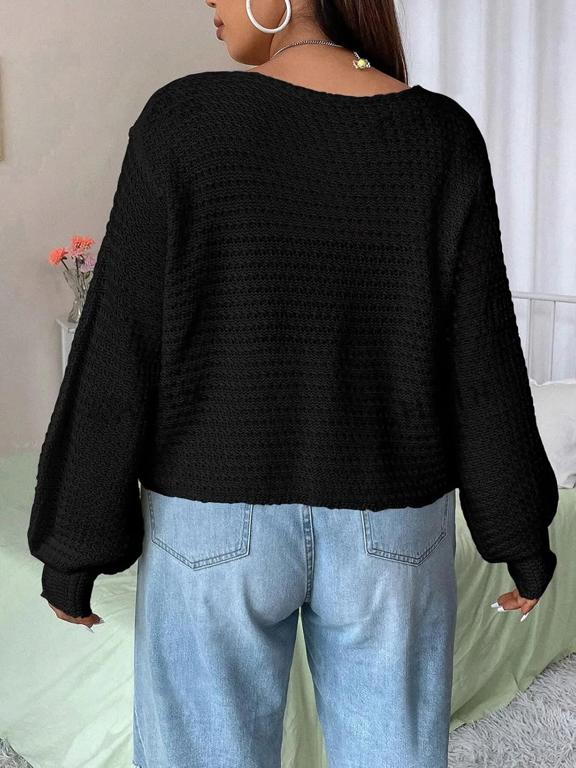 Women's Plus Size Tie Front Cardigan Hollow Out Open Knit Sweater Front Tie Shrug, Acrylic and Rayon Fabric