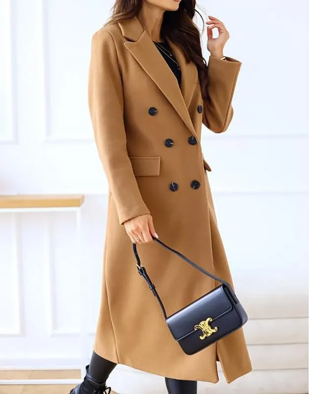 Women's Wool Trench Coat Long Woolen Peacoat Ladies Lapel Double Breasted Wool Maxi Coats