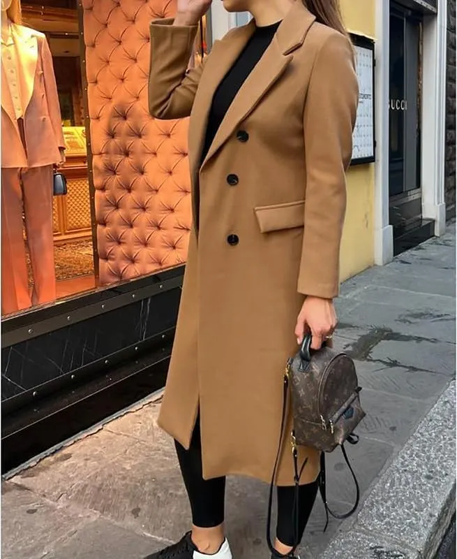 Women's Wool Trench Coat Long Woolen Peacoat Ladies Lapel Double Breasted Wool Maxi Coats