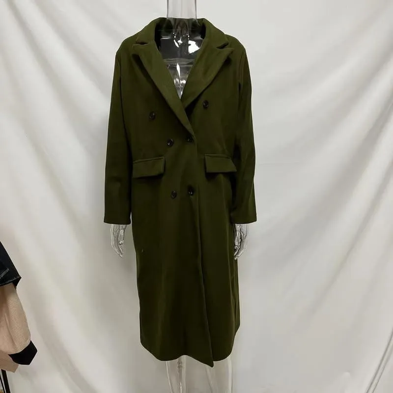 Women's Wool Trench Coat Long Woolen Peacoat Ladies Lapel Double Breasted Wool Maxi Coats