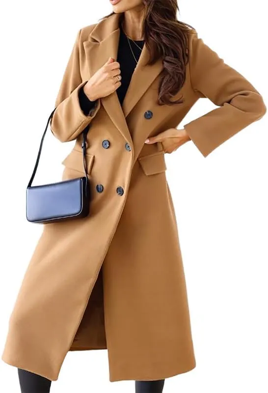 Women's Wool Trench Coat Long Woolen Peacoat Ladies Lapel Double Breasted Wool Maxi Coats