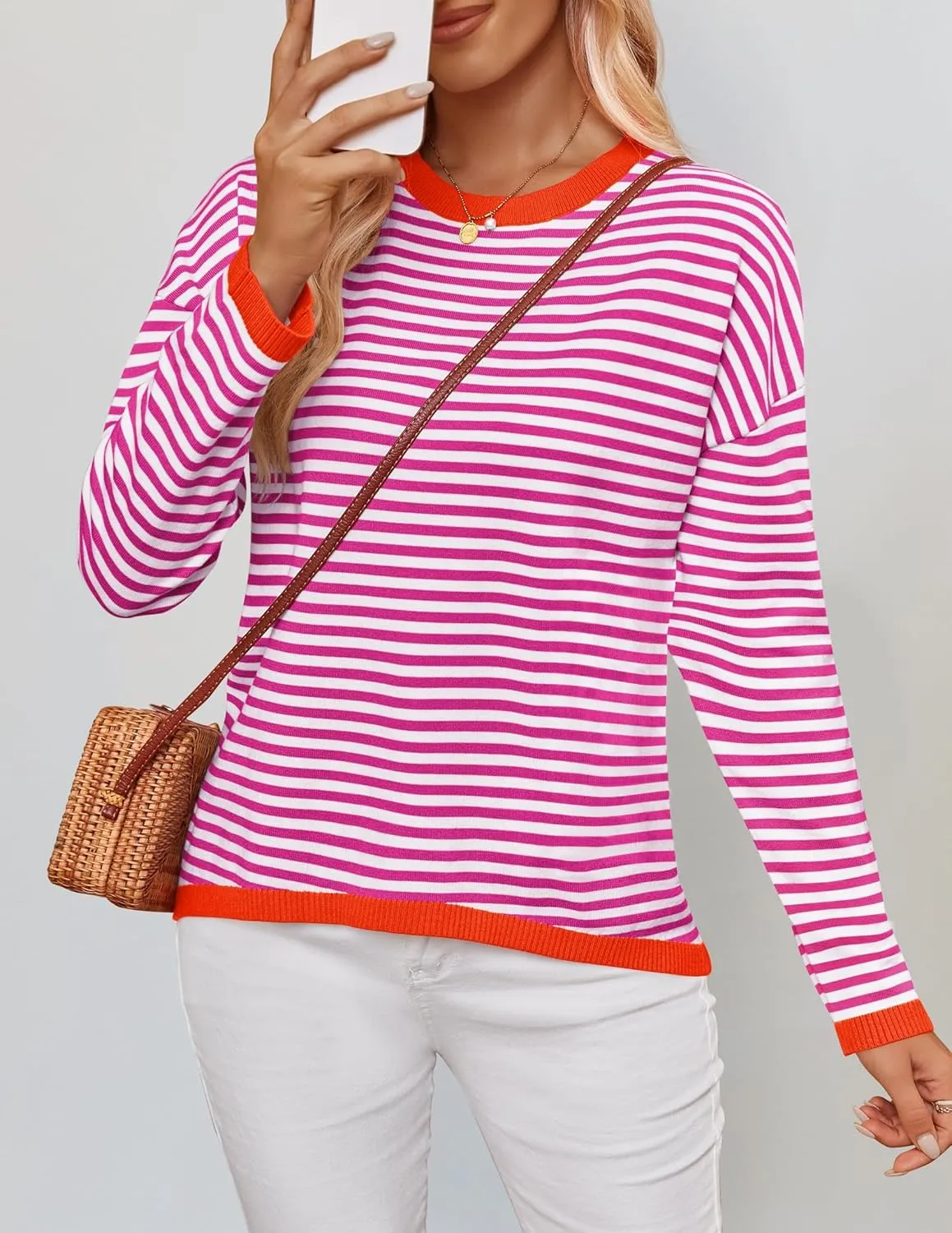 ZESICA Womens Spring Striped Sweaters Long Sleeve Crew Neck Shirts Color Block Lightweight Pullover Tops