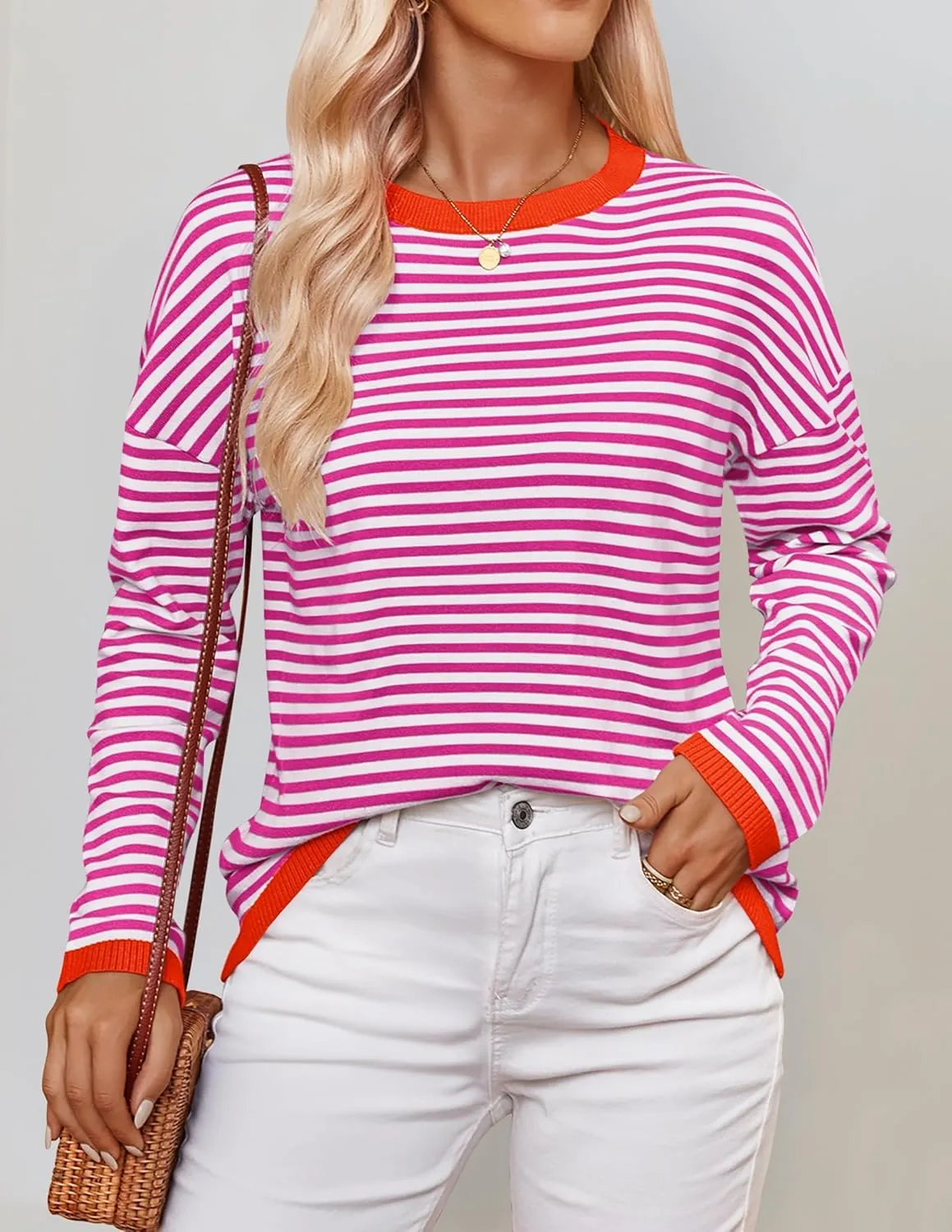 ZESICA Womens Spring Striped Sweaters Long Sleeve Crew Neck Shirts Color Block Lightweight Pullover Tops