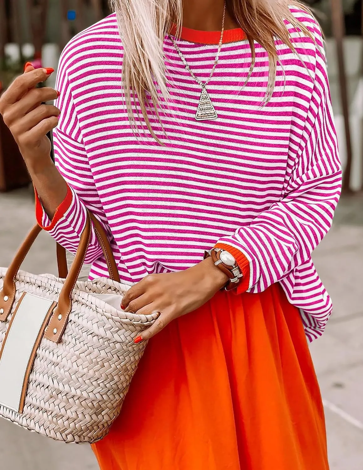 ZESICA Womens Spring Striped Sweaters Long Sleeve Crew Neck Shirts Color Block Lightweight Pullover Tops